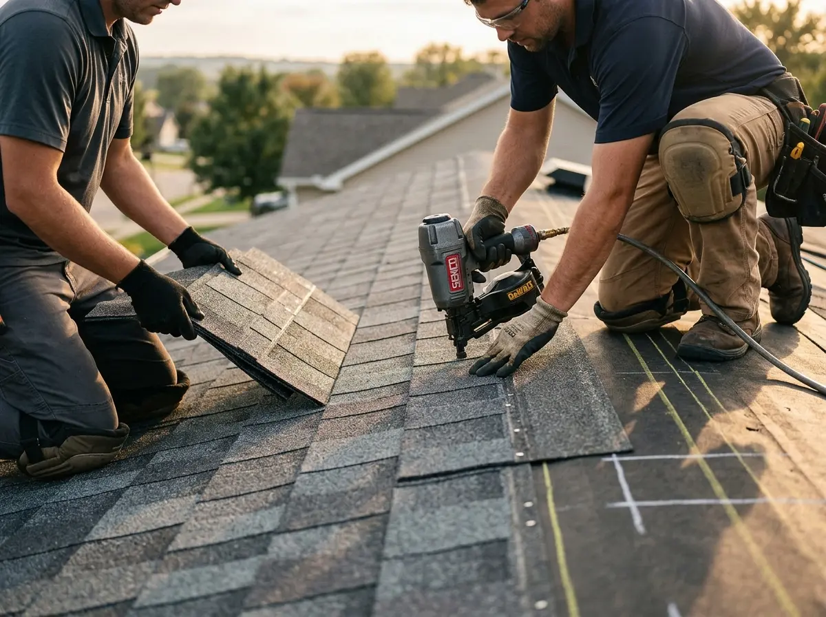 Professional roofer working on a residential roof in Erlanger